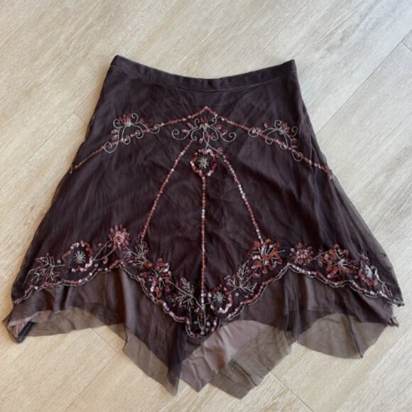 Arden B Brown Beaded Sequin Embroidered Skirt Boho Y2K Fairy Party Size 8 - Picture 1 of 6